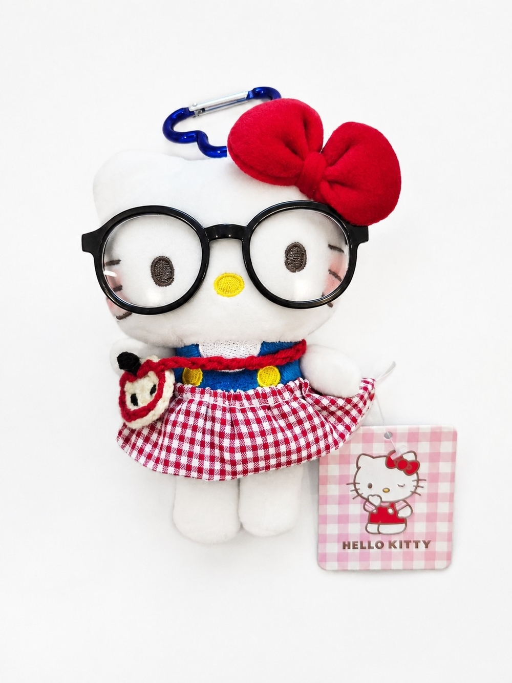 Hello Kitty White Plush Keychain with Red Bow and Gingham Skirt